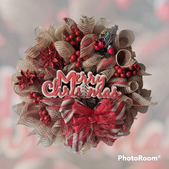 Red and Burlap Merry Christmas Wreath Door Hanger with Festive Bow - Picture 4 of 4